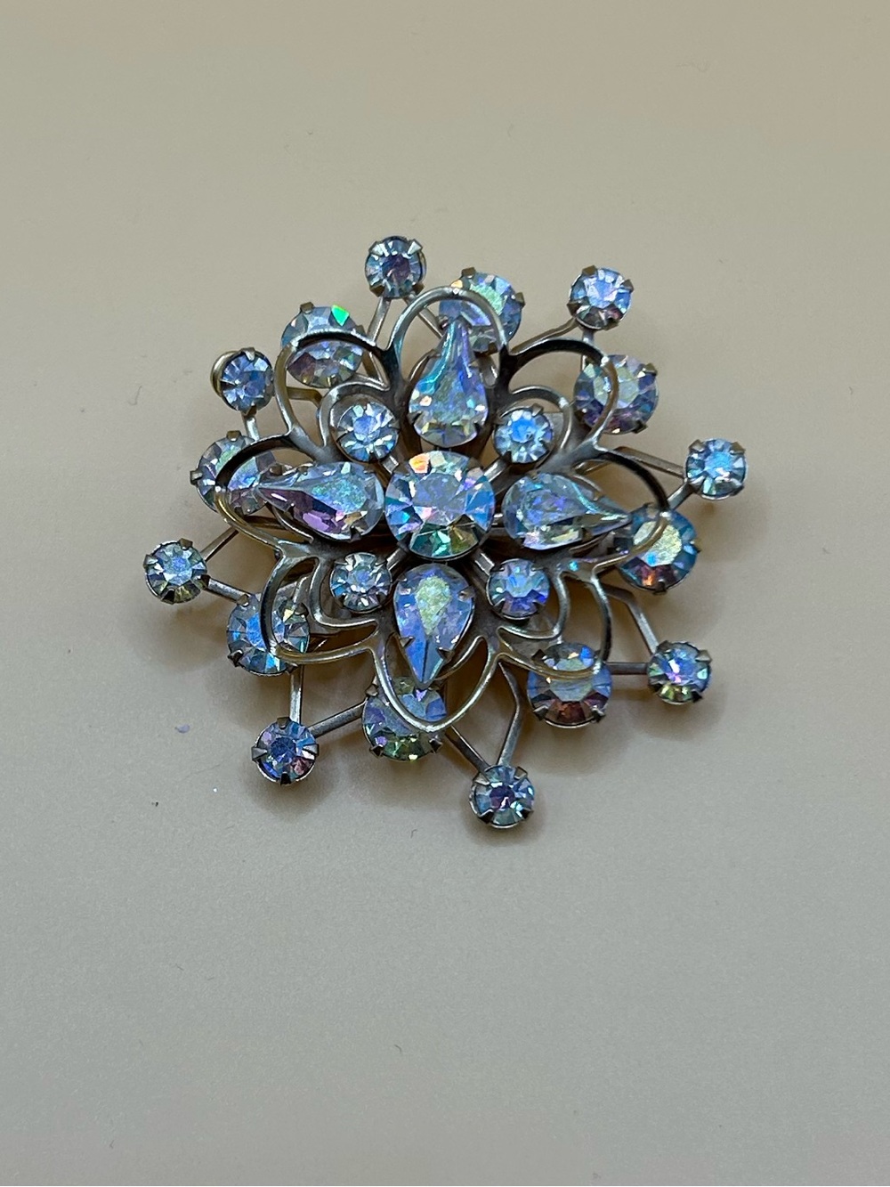 Crystal Floral Brooch - Gold Tone with Iridescent Stones
